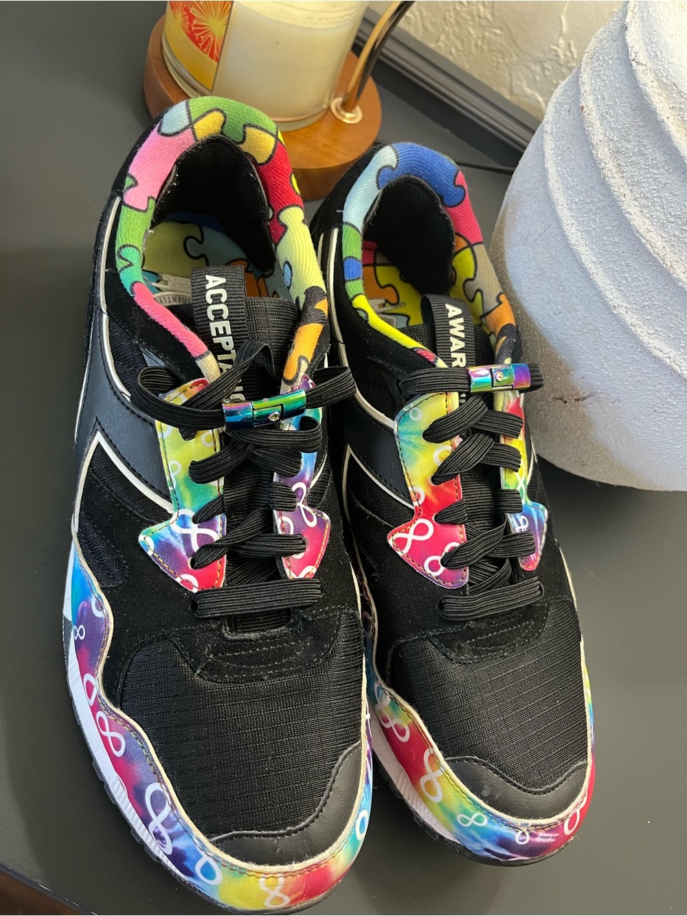 Diadora Black Sneakers with Multicolor Puzzle-Print Trim Autism awareness